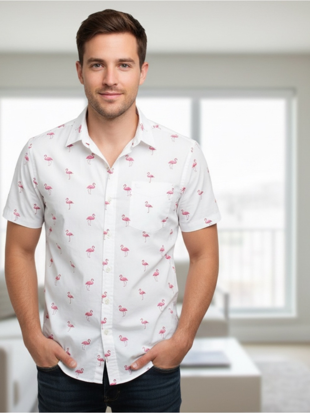 Old Navy White Short-Sleeve Button-Up Shirt with Pink Flamingo Print
